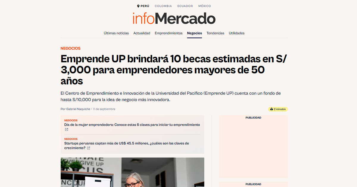 Emprende UP brindará 10 becas estimadas en S/ 3,000 para emprendedores mayores de 50 años